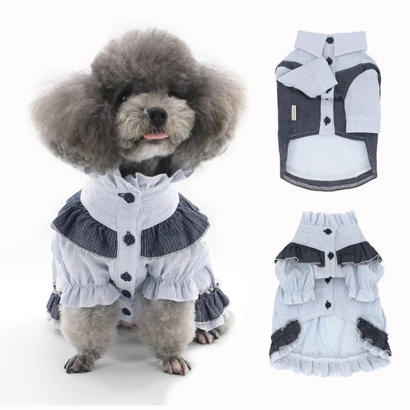 Dog Clothes Fashion T-shirt Thin Section Cotton Dark and Light Striped Pet Couple Shirt Teddy Bichon Poodle Small Dog Dress 2023