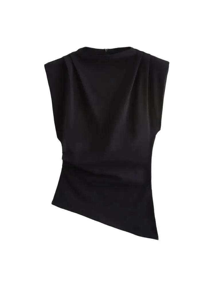 TRZA-Women\'s Asymmetric Blouses with Shoulder Pads, Sleeveless, Back Zipper, Female Shirts, Chic Tops, Fashion