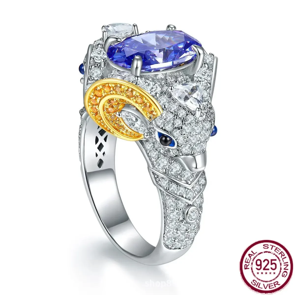 

Новое популярное серебро s925 с полным бриллиантом 5Ct, королевский синий высокий бисер, двойное кольцо с изображением овцы, свадебные украшения