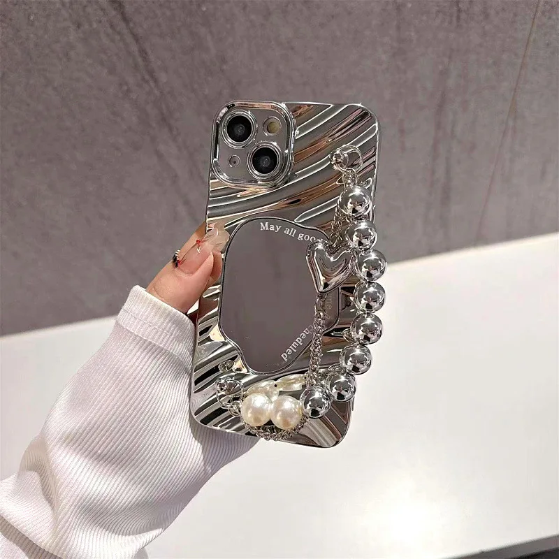 جراب هاتف آيفون 16 15 14 13 12 11 X XS XR Pro Max Plus INS الكورية نمط موجة مرآة لوضع مساحيق التجميل الغطاء الواقي مع سوار