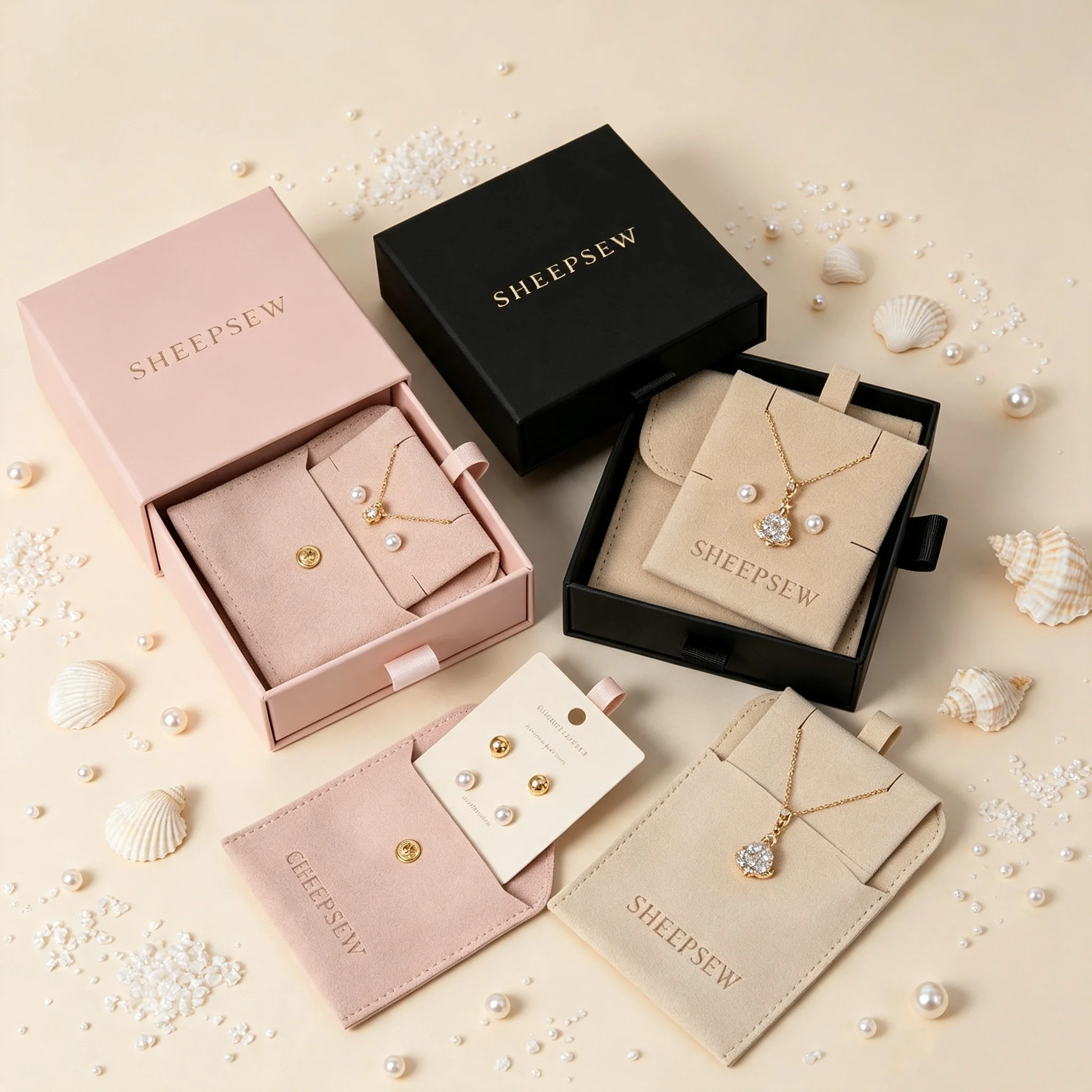 SHEEPSEW Personalized Logo Slide Drawer Jewellery Packaging Set, Premium Cardboard Gift Box With Soft Microfiber Jewelry Pouch A