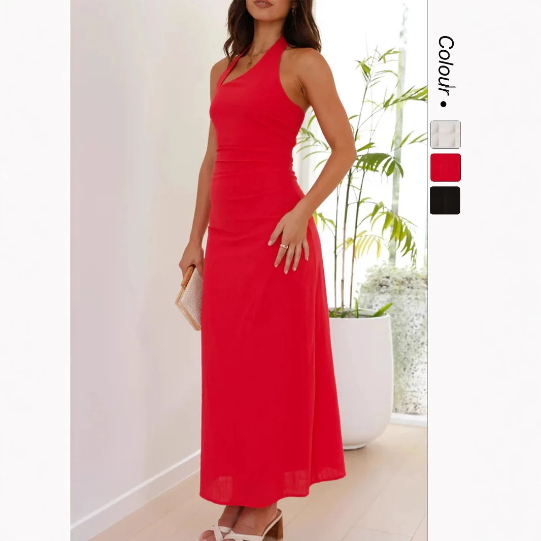 Summer European And American New Women's Clothing Red Long Dress Solid Color Sleeveless Backless Dress