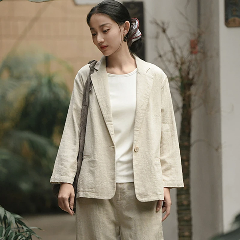 Women Cotton Linen Tailored Coats New Arrival 2026 Spring Simple Style Solid Color Suit Female Long Sleeve Basic Jackets M2327