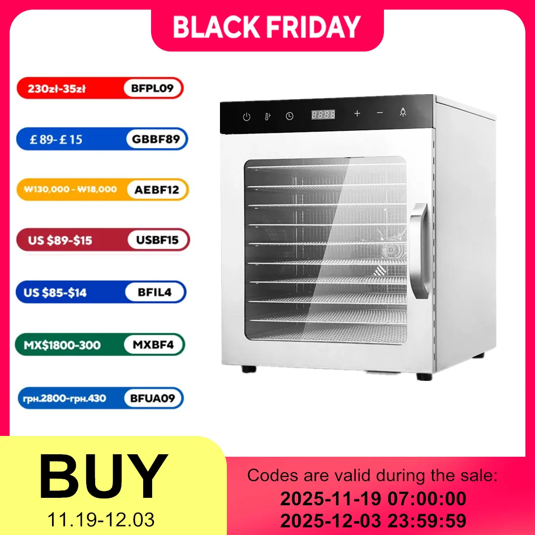 เครื่องอบแห้งผลไม้แห้งอาหาร 10 ชั้นเครื่องอบแห้งอากาศสแตนเลสความจุขนาดใหญ่สัมผัสในครัวเรือนและเชิงพาณิชย์