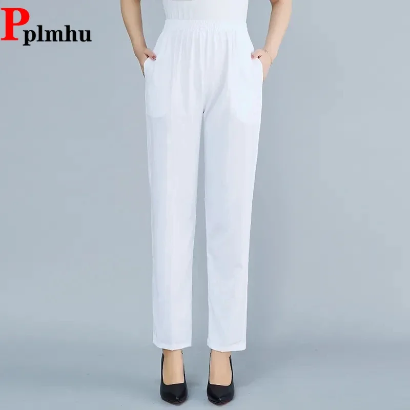Mom's Elastic High Waist Straight Pants Basic Ankle Length Baggy Trousers Casual Capris Women Thin Summer Harem Pantalones