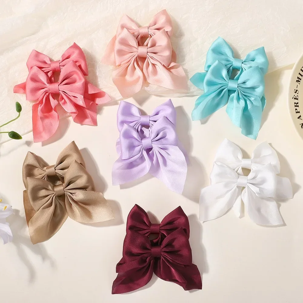 

2pcs 3.3inch Solid Color Hair Bows With Clips For Girls Ponytail Hairgrips Headwear Baby Hair Accessories Baby Hair Clips Gifts