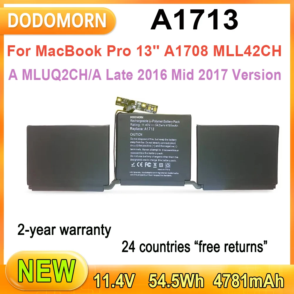 

New A1713 Battery For MacBook Pro 13'' A1708 MLL42CH/A MLUQ2CH/A Late 2016 Mid 2017 Version Laptop Replace Parts 020-00946 11.4V