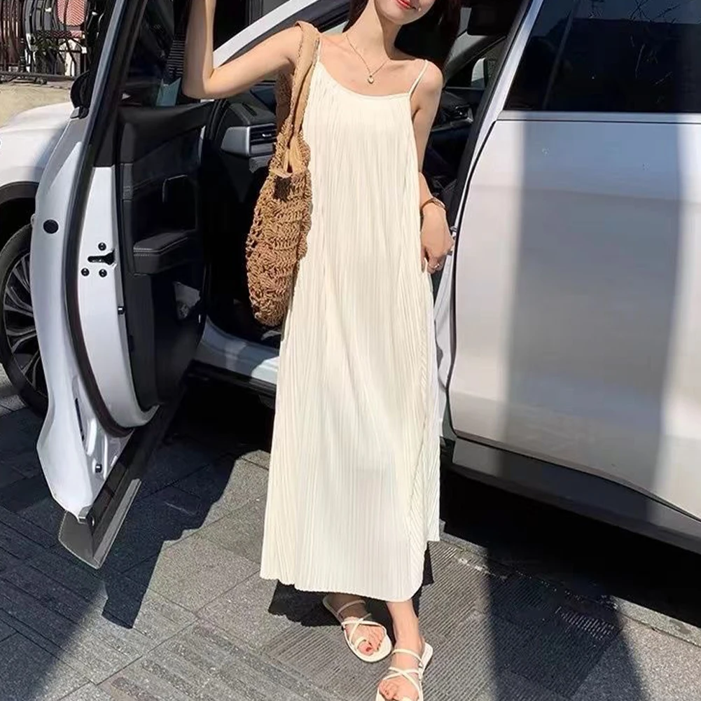 

Women's Features Pleated Suspender Dress Inner Wear Effortlessly Lazy Style Fashion Sleeveless Shopping Neckline Long Dress