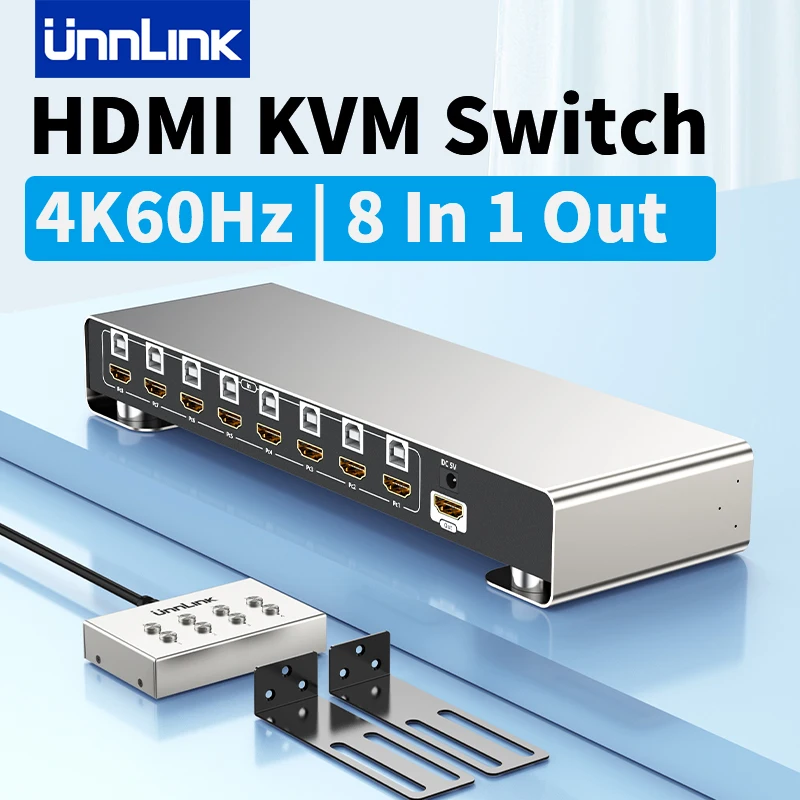 Unnlink 4K 60Hz HDMI USB KVM Switch 8 In 1 Out Video Switcher 8 Port 8 PC Share 1 Monitor 4 USB-Maus-Tastatur mit Extender