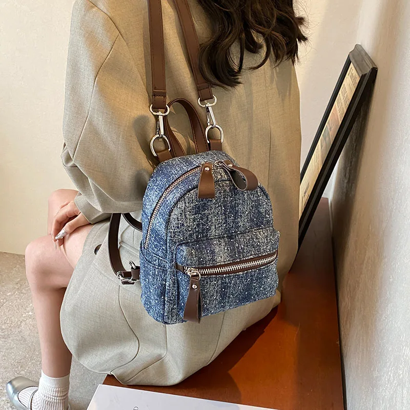 New Women Preppy Style Mini Backpacks Y2K Shiny Rivet Student Denim Backpack Girls Fashion Travel Canvas Shopping Shoulder Bag