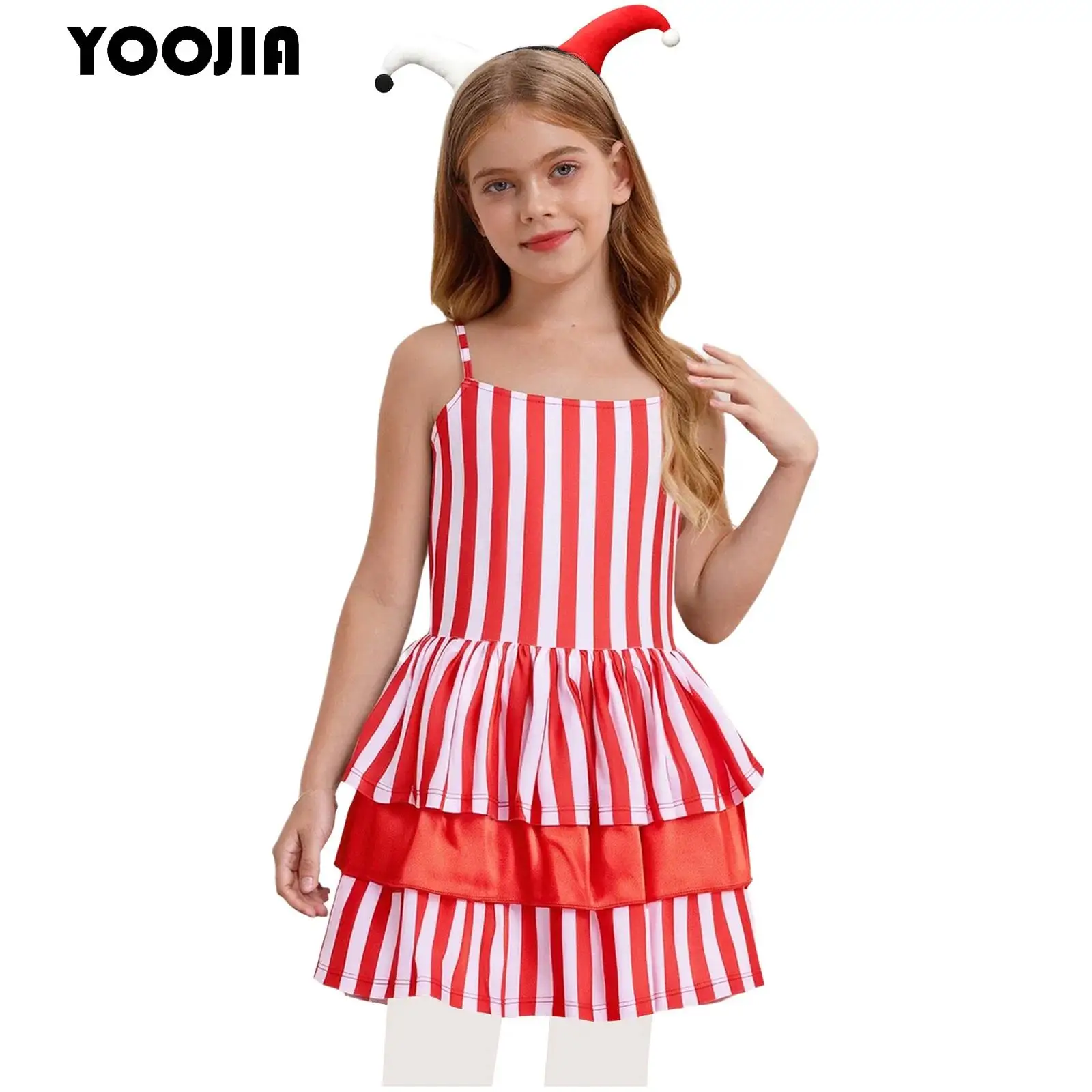 

Kids Girl Halloween Clown Costume Red Striped Layered Ruffle Tutu Leotard Dance Dress Hair Band Carnival Party Dress Up Outfits