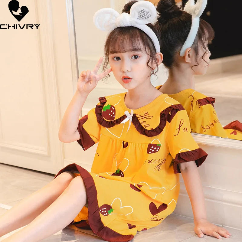 New 2022 Girls Fashion Nightgowns Summer Short Sleeve Lapel Cartoon Sleepwear Pajamas Kids Girls Loose Sleeping Dress Homewear