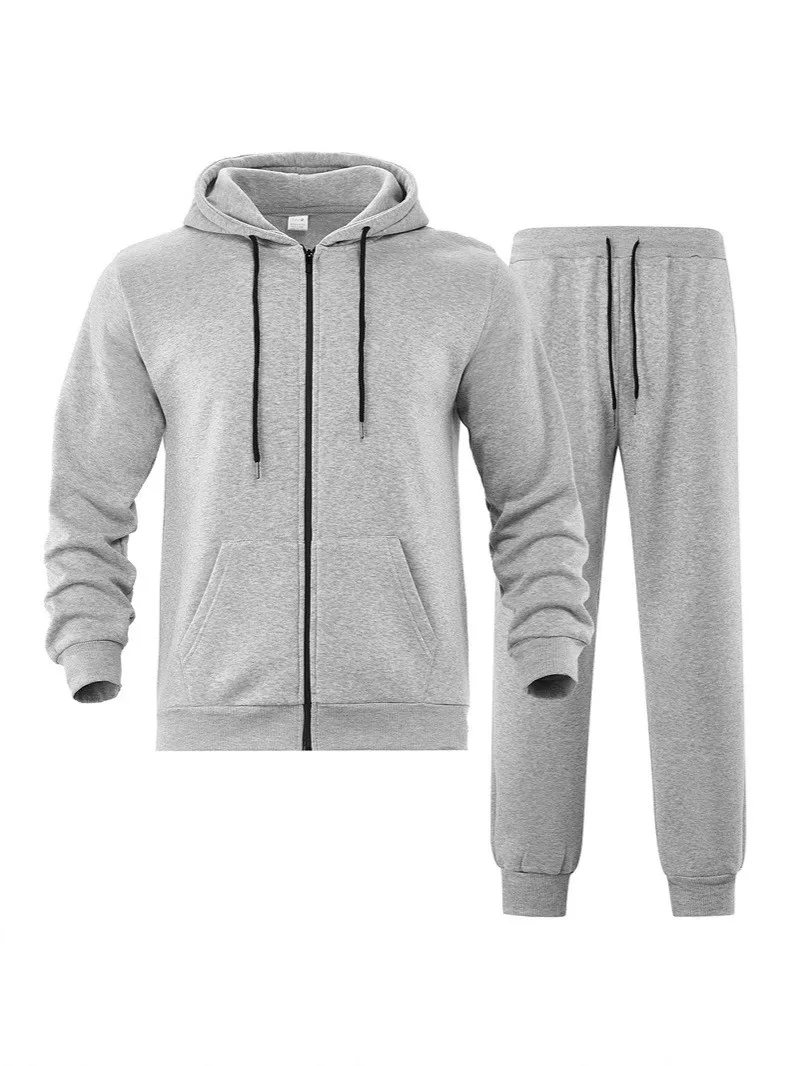 Herbst-Winter Herren Fleece Zweiteiler Set Einfarbiger Zip-Hoodie Jogginghose Warme Freizeitkleidung Locker Sitzender Täglicher Trainingsanzug – Detail 6