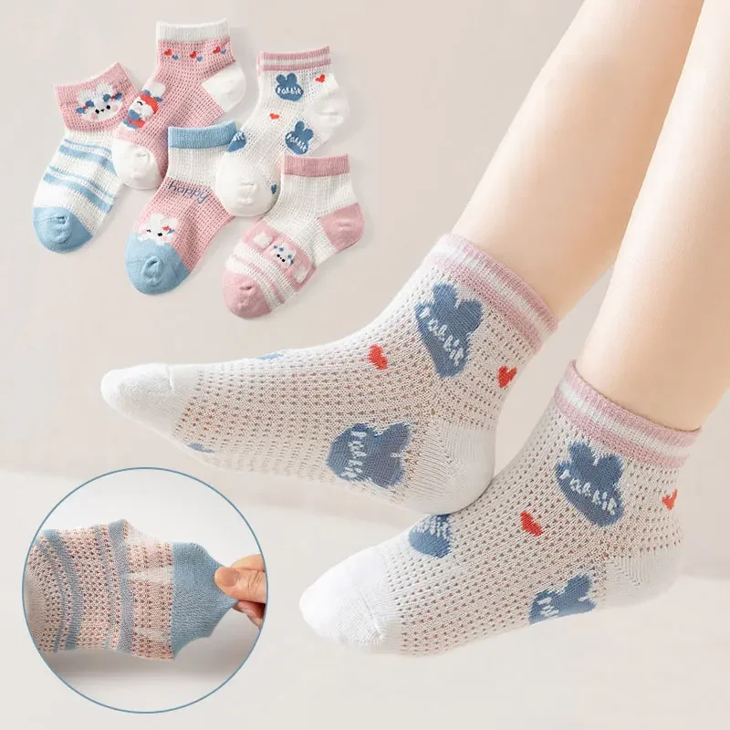 5 Pairs/Lot 0-12 Years Children Socks 2024 Summer New Ultrathin Mesh Breathable Baby Boys and Girls Socks Cute Kids Cotton Socks