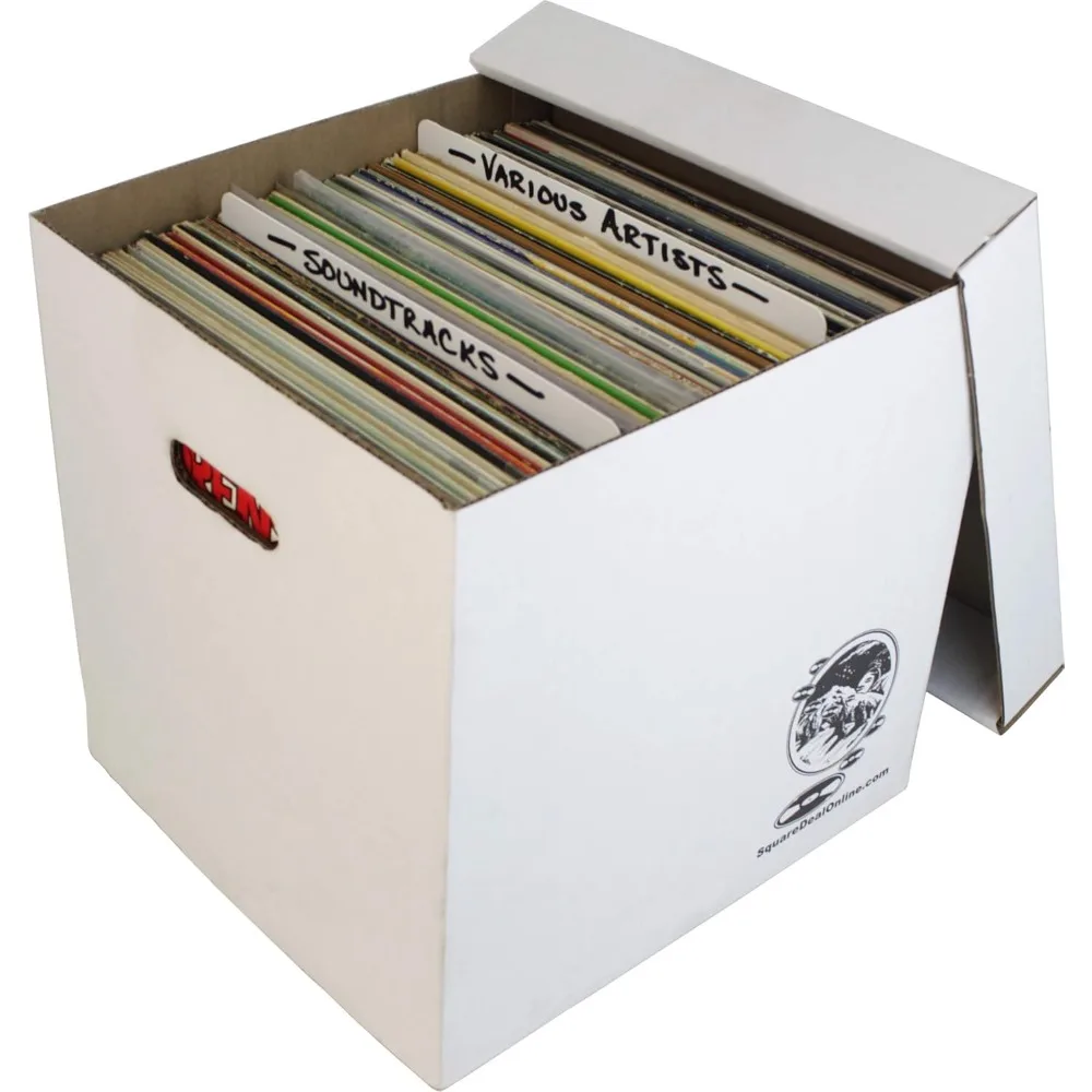 

Прочный набор из 5 12-дюймовых коробок для хранения виниловых пластинок — прочная картонная конструкция со съемной крышкой