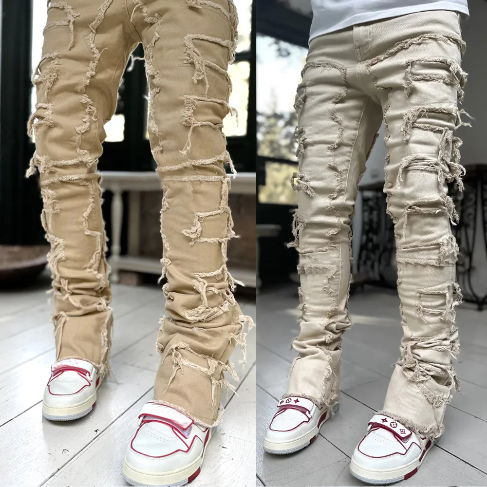 2024 High Street Witte Heren Gestapelde Jeans Gestrekte Patchwork Kwastje Beschadigde Denim Lange Broek Hip-Pop Broek Voor Mannen