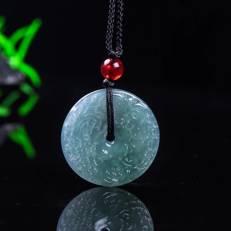 Natural Jadeite Blue Water Emerald Flower Ping An Knot Donut Pendant Necklace Exquisite Carved Jewelry Fashion Amulet Gift Women