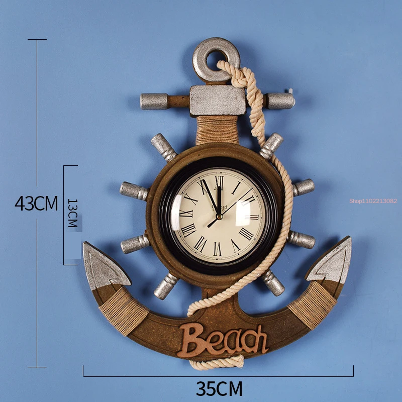 Mediterranean Retro Style Anchor Wall Clock Wooden Rudders Silent Wall Hanging Clocks Coffee Bar Home Wall Decorations