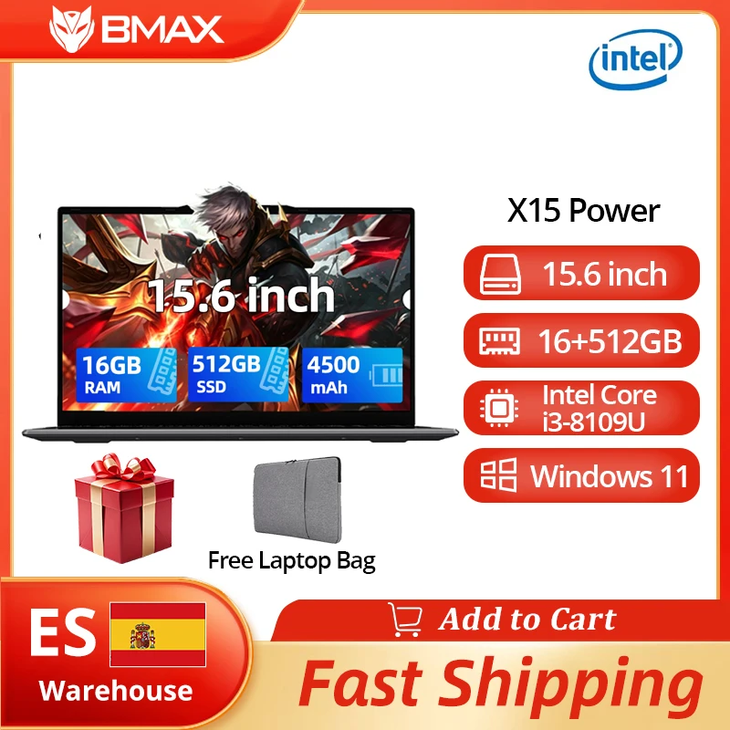 BMAX X15 Power 15.6 pulgadas 16GB RAM 512GB SSD Intel Core i3-8109U CPU Windows 11 Notebook 1920*1080 HDMI Wifi USB PC portátil DDR4