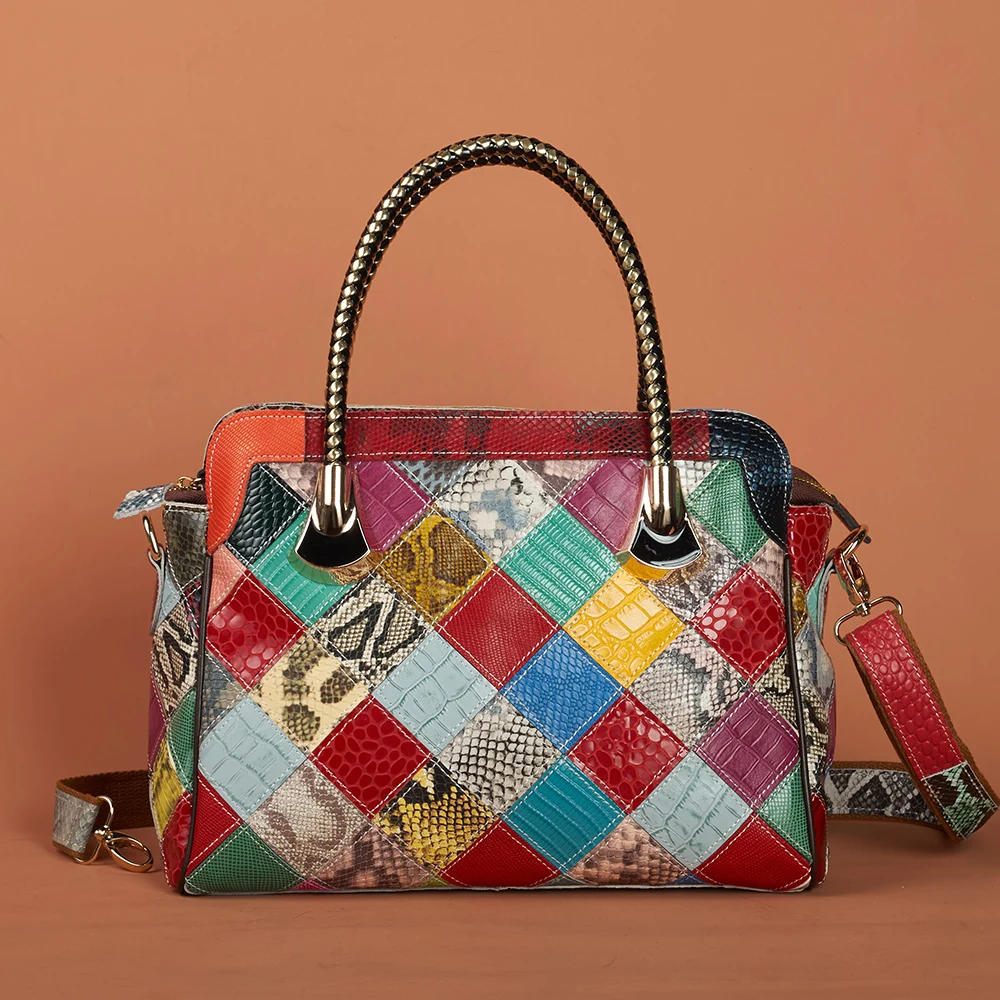 

Genuine Leather Multi-Function Shoulder Bag for Women - Artisan-Crafted Vintage Checked Snake Print Dual Straps