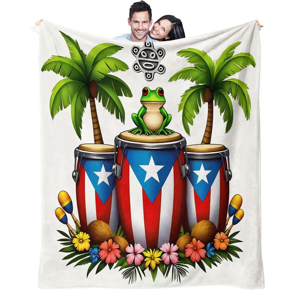 Puerto Rico Frog Floral Print Blanket Flannel Blanket Throw Blanket Warm Blanket Gift Blanket Tropical Picnic Portable Mat