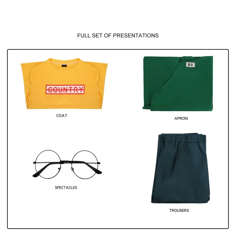 Anime Cosplay Taro Sakamoto Costume Sakamoto Days Yellow T-shirt Green Apron Glasses Halloween Party Women Men Role Play Uniform