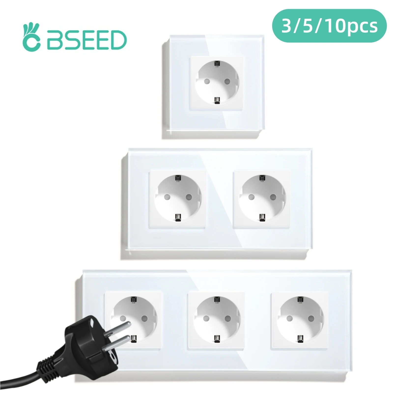 BSEED 16A Wandsteckdose, Einzelsteckdose, Doppel- und Dreifachsteckdose, EU-Standard-Steckdose für Zuhause, Büro, Schlafzimmer, Steckdose mit Glasrahmen