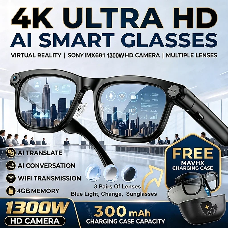 1300W Pixel HD Camera Ai Smart Glasses Video Recording Real Time Voice  Translation Charging case Sunglasses For Men Women