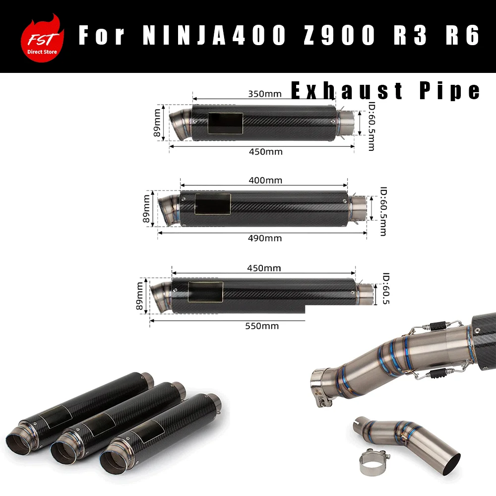 Titanium Alloy Carbon Fiber Rear Exhaust Section, Universal Fit for Motorcycles NINJA400 Z900 R3 R6 GP