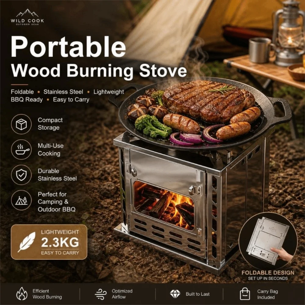 Stainless Steel Mini Wood Stove Portable Firebox Opening Backpacking BBQ Grill Fireplace with Storage Bag Folding Fire Pit Stove