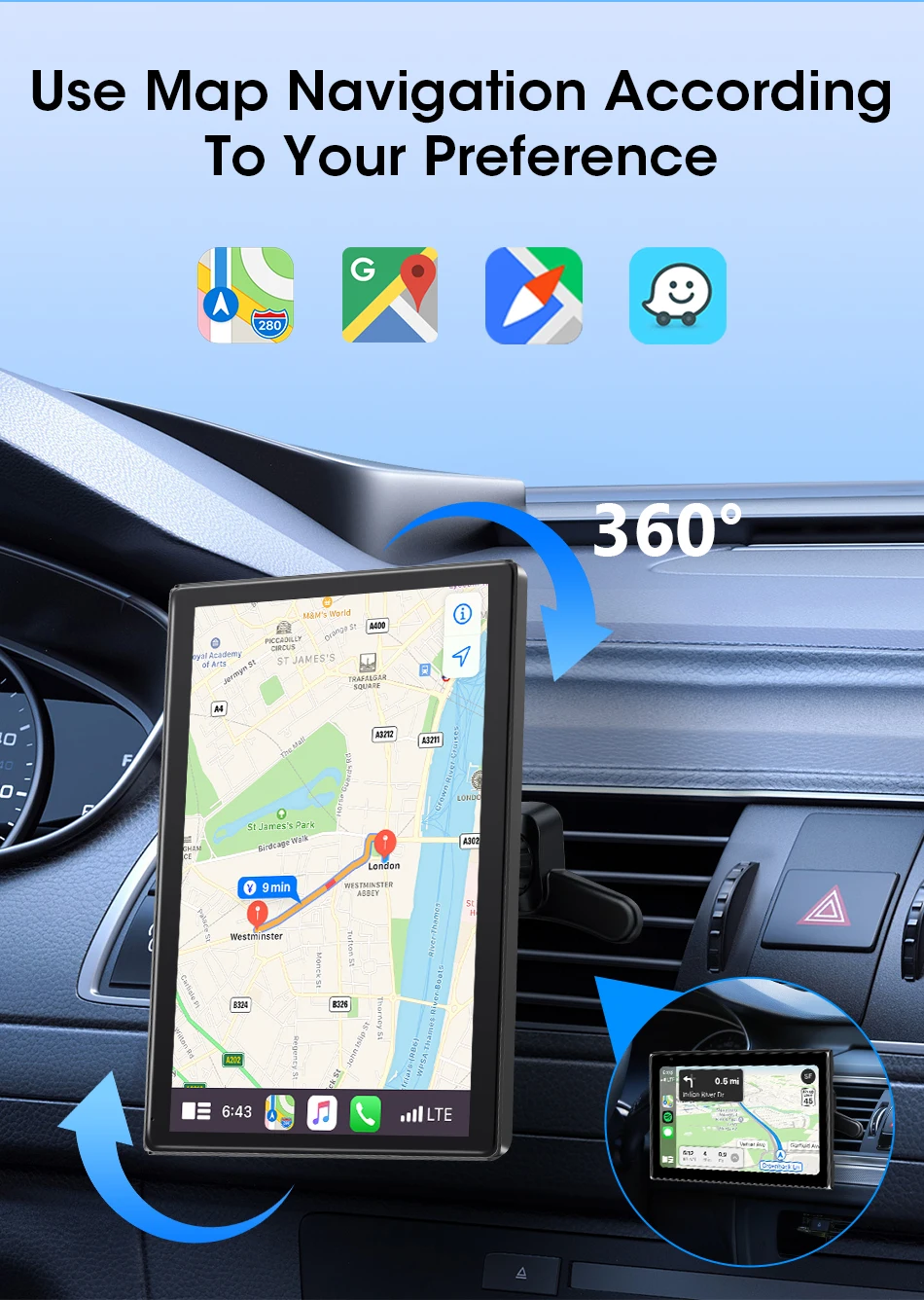 Jansite 9-Zoll-Autoradio mit vertikalem Bildschirm, Multimedia-Videoplayer, kabelloses Carplay, Android Auto, magnetische Halterung, Auto-Monitore, GPS – Detail 10