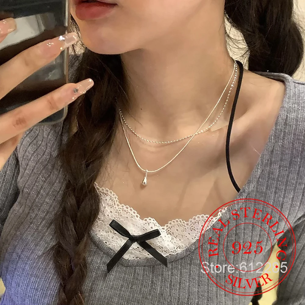 

925 Sterling Silver Double Layer Waterdrop Pendant Necklace For Women Choker Chain Wedding Party Jewelry Gift