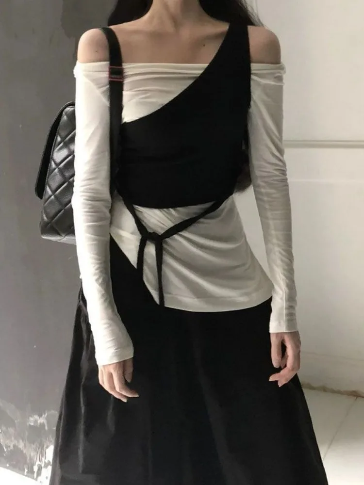 

Two-piece Set Women Gothic One Shoulder White Long Sleeve T-Shirt + Black Straps Vest Y2k Harajuku Streetwear Slim Suits Tops
