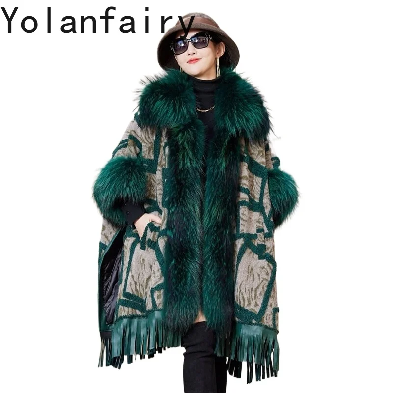 

YOLANFAIRY New Real Fox Fur Cape Coat Women Mid Length Luxury Elegant Warm Spliced Wool Coats Goose Down Puffer Jacket Winter