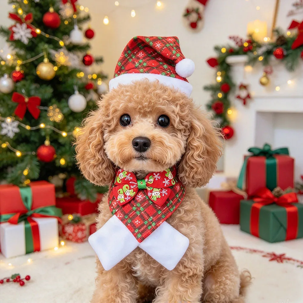 3 PCS Pet Christmas Set, Santa Hat Bow Tie Scarf, Plaid Xmas Decor for Cat & Dog