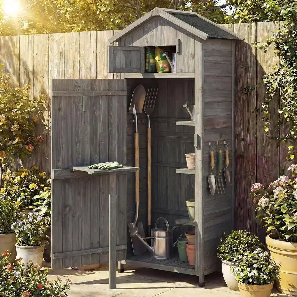 70 Tall Outdoor Wooden Storage Shed with Folding Table and Removable Shelves for Garden, Patio, or Backyard (Grey, 30x20x70)