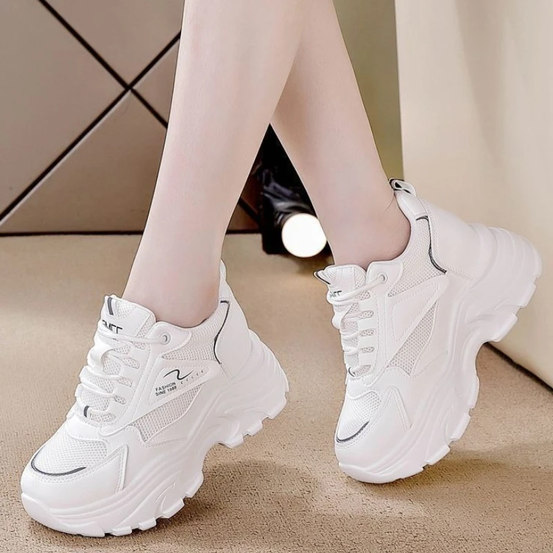 2026 Fall Summer Ladies Invisible Lift Platform Dad Sneaker Airy Net White All Match Comfy Wearproof Trainer