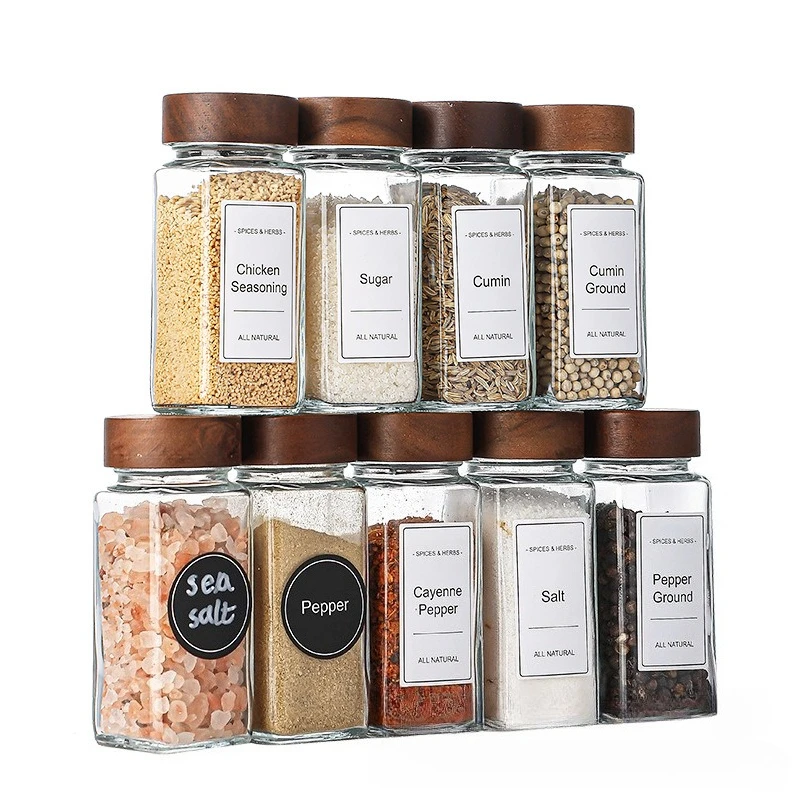 Square Spice Jars Set with Wooden Lid Spice Jars with Shaker Insert and Labels - Empty Glass Container for Kitchen Organisation