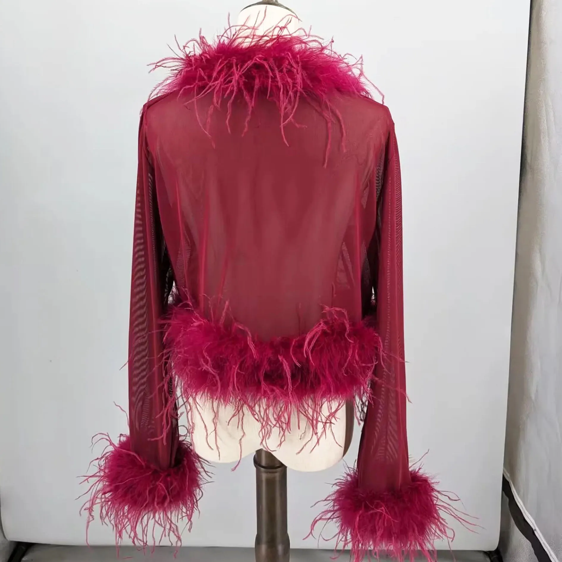 Women See-Through Top with Real Ostrich Feather Brown Black Cropped Jacket Top Bolero 240711