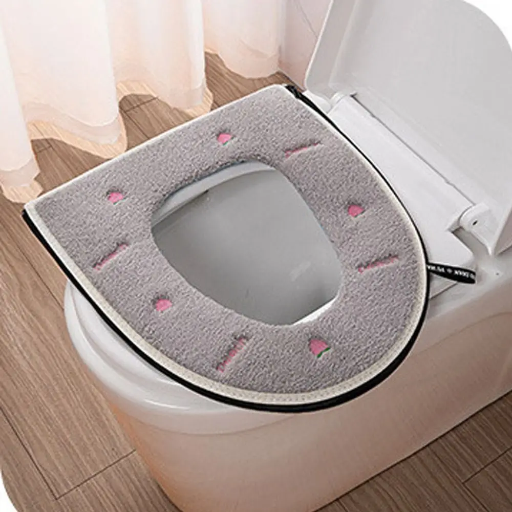 Bathroom Toilet Seat Cover Zipper Universal Plush Toilet Cushion Household Warm Soft Thick Toilet Seat Cover Winter