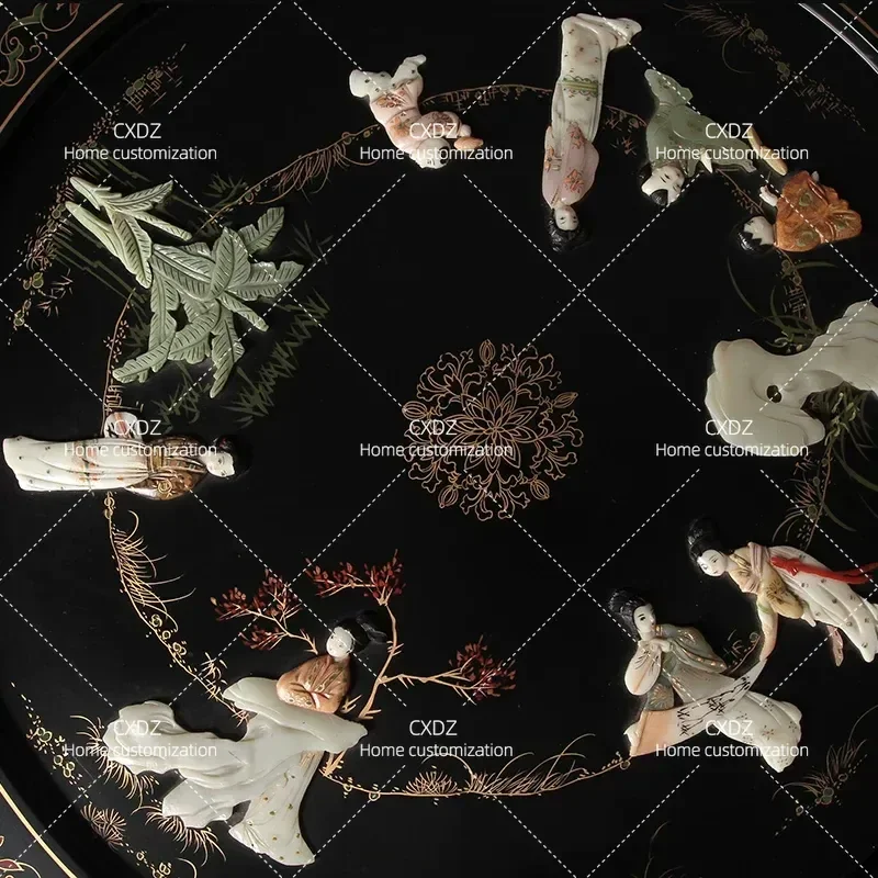 New Chinese Style Light Luxury Furniture Black Lacquer Round Table with Bone and Stone Inlay Character Pattern for Dining or
