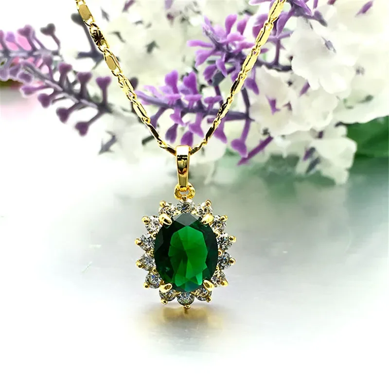 

24K Gold Green Zircon Crystal Jade Pendant Chain Jewelry, 46CM Women's for Necklace