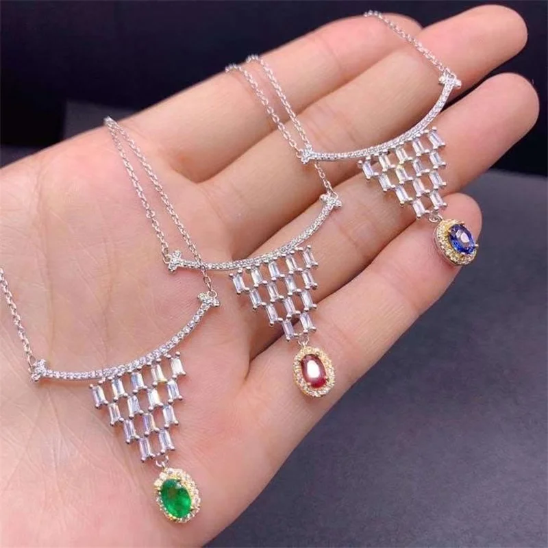 

Natural Clavicle Chain 925 Silver Pigeon Red Ruby Sapphire Emerald Jewelry Pendant Necklace for Women with Certificate