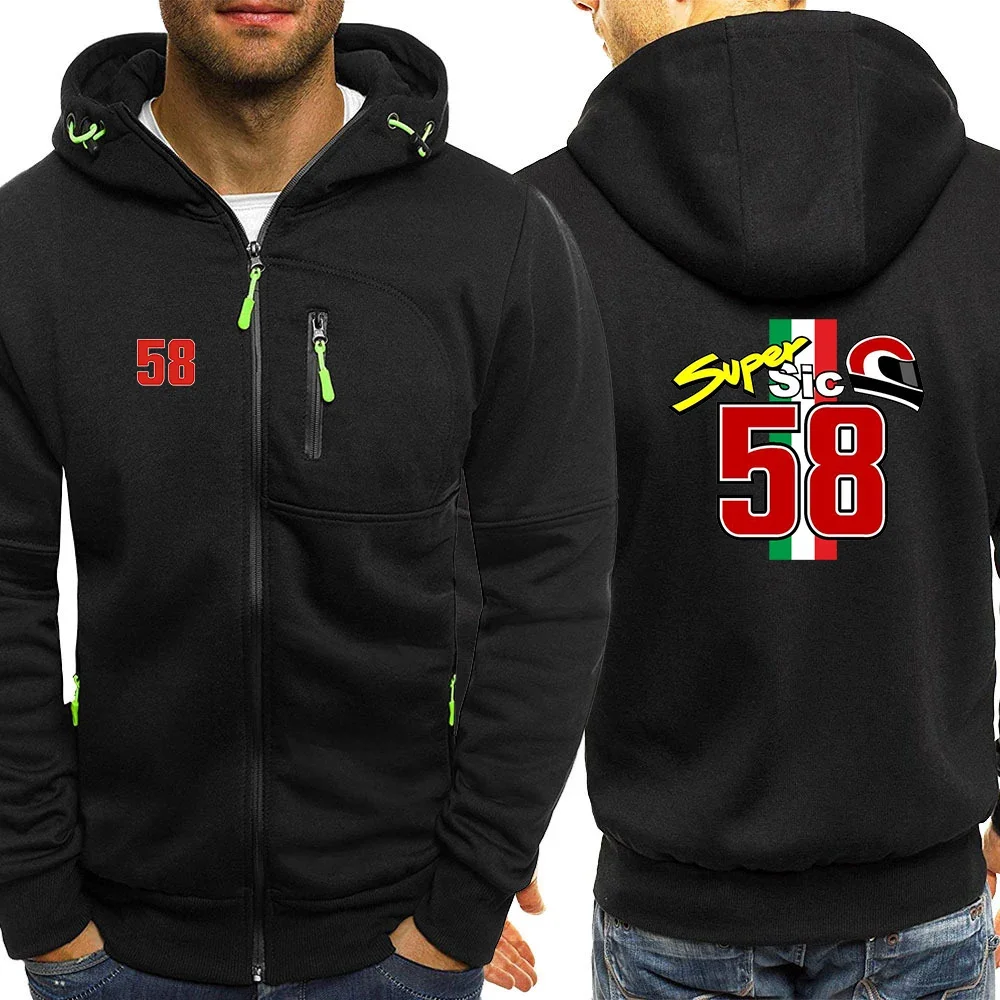 2024 Spring Autumn New Men's Marco Simoncelli Super Sic 58 Logo Print Harajuku Leisure Solid Color Popular Zipper Hooded Hoodies