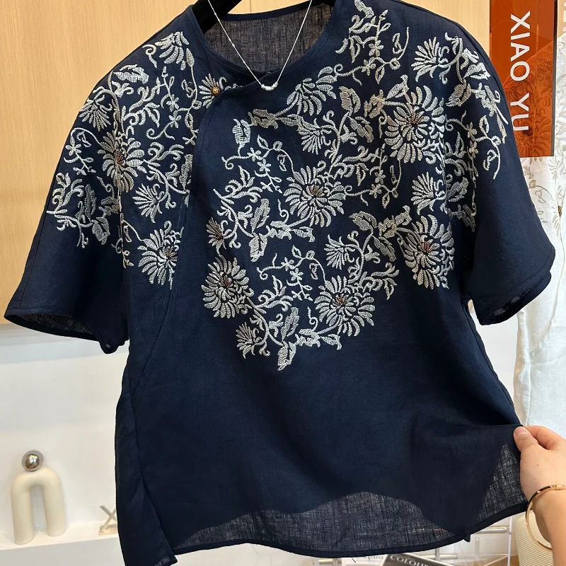 2025 New High-end Fashion Heavy Industry National Style Embroidered Cotton Linen Round Neck Short-sleeved Shirt Top