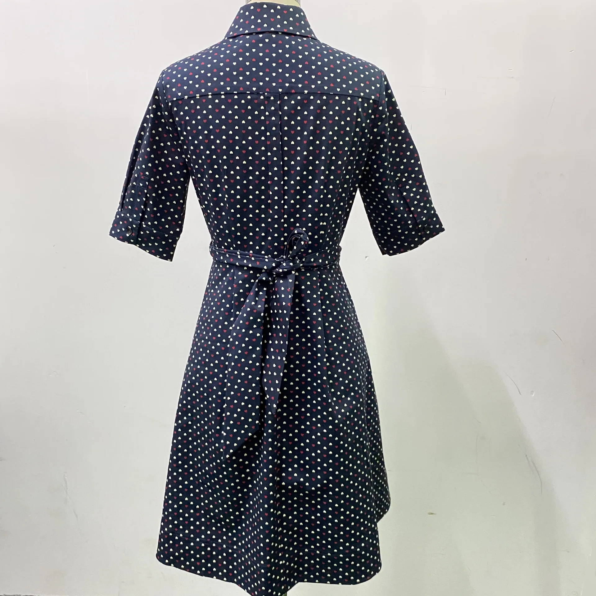 

GG012 Large size short-sleeved new pure yuan HB elegant temperament small heart print shirt collar waist sleeve tie dress