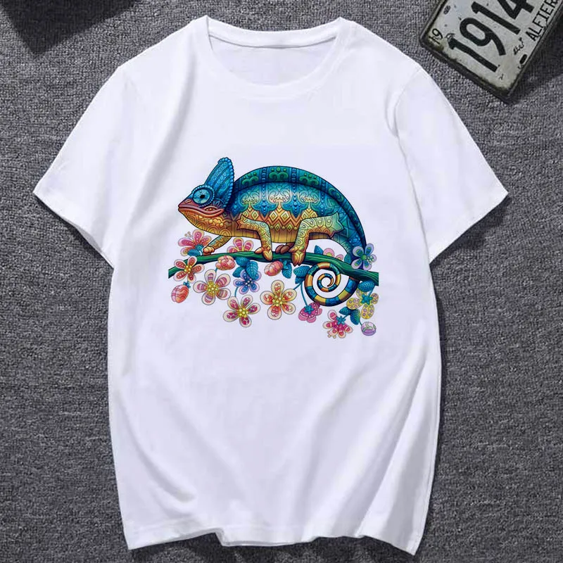 New Summer T Shirts Women chameleon print TShirt Harajuku Fashion Fun Graphics Hipster T-shirt Female Clothing Tops Tee shirts