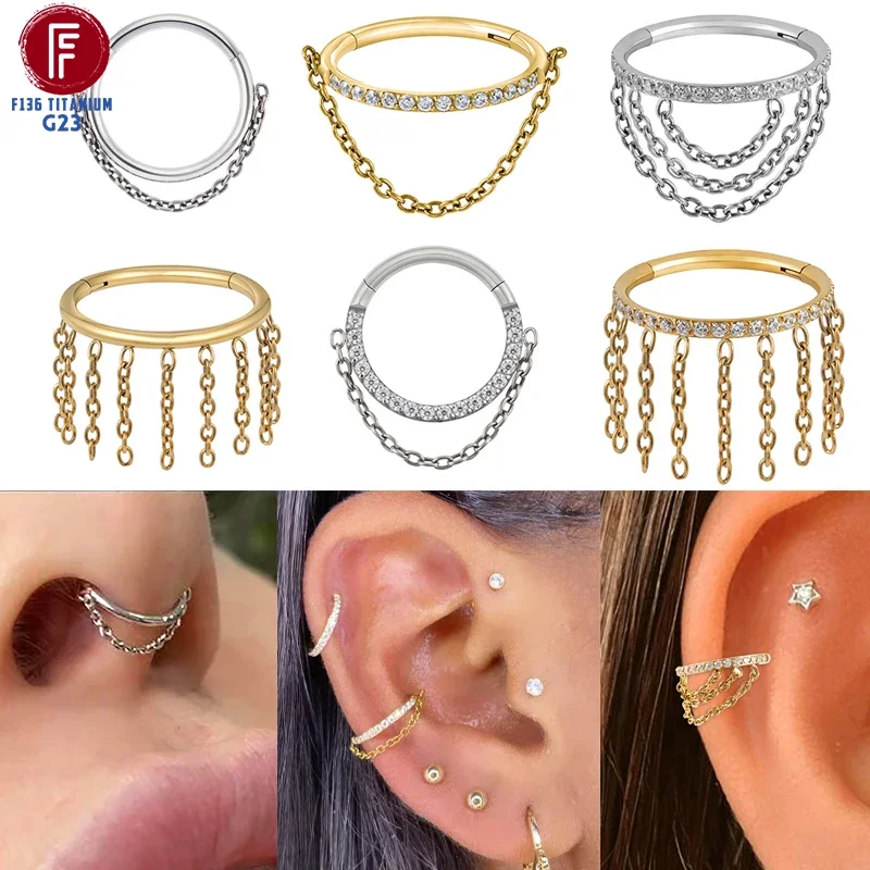 Piercings de tabique de titanio F136, anillo de nariz CZ, cadena de cintura de cartílago, joyería de pendiente de Tragus de segmento con bisagras de circón, mujeres y hombres, 16G