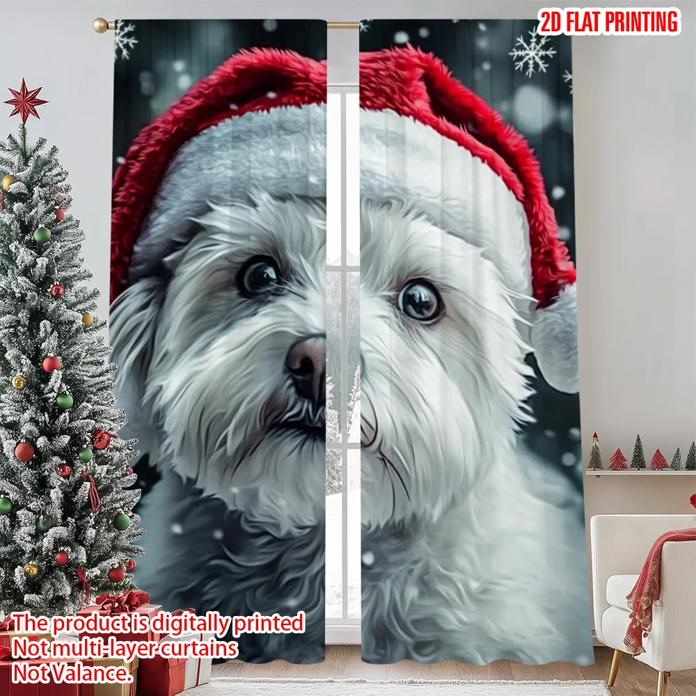 

2pcs 2D flat printing Christmas Scene Curtain White Dog in Santa Versatile Polyester Fabric Without Electricity Versatile Use