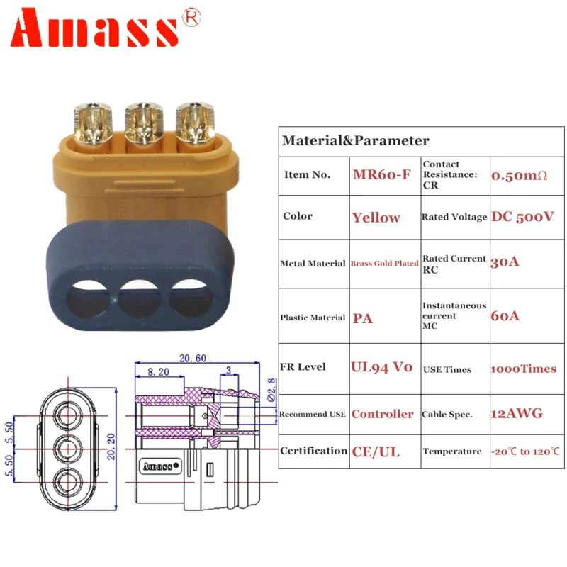 5pair/lot Amass MR60 MR 60 Fireproof Female Male Three-core Connector With Sheath 3.5mm Brass Gold Plated For Lipo ESC RC Model